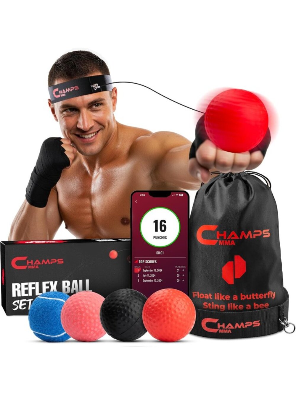 Champs MMA Boxing Reflex Ball Set with Punch Counter App – Hand-Eye Coordination